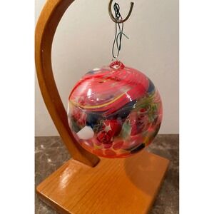 Vtg Zorza Hand Blown Glass Ornament Poland Swirl Sphere Orb Red Multi Holiday 5"
